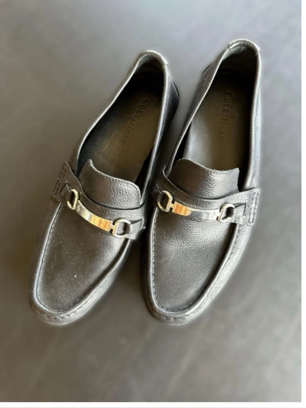 Cole Haan Black Leather Slip On Silver Horse Bit Buckle Detail Loafers